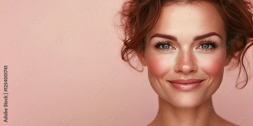 Poster Close-up portrait of a smiling woman against a soft pink background creating a warm and inviting atmosphere : Generative AI