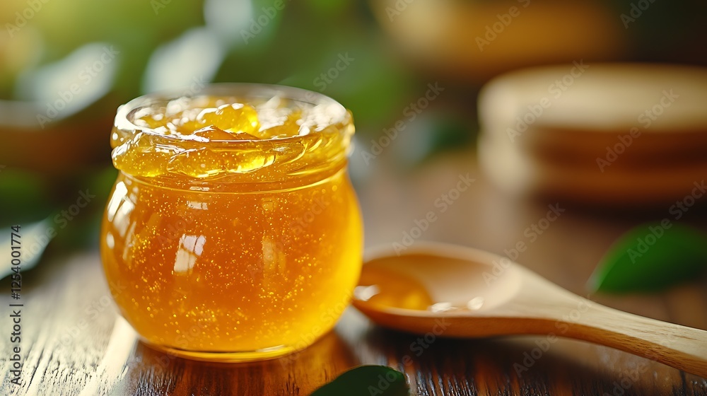 Poster vibrant glass jar of honey glimmering under soft natural light with leafy background : generative ai
