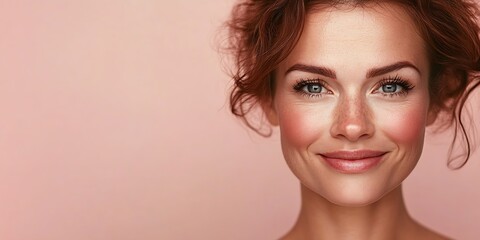 Fototapeta premium Close-up portrait of a smiling woman against a soft pink background creating a warm and inviting atmosphere : Generative AI