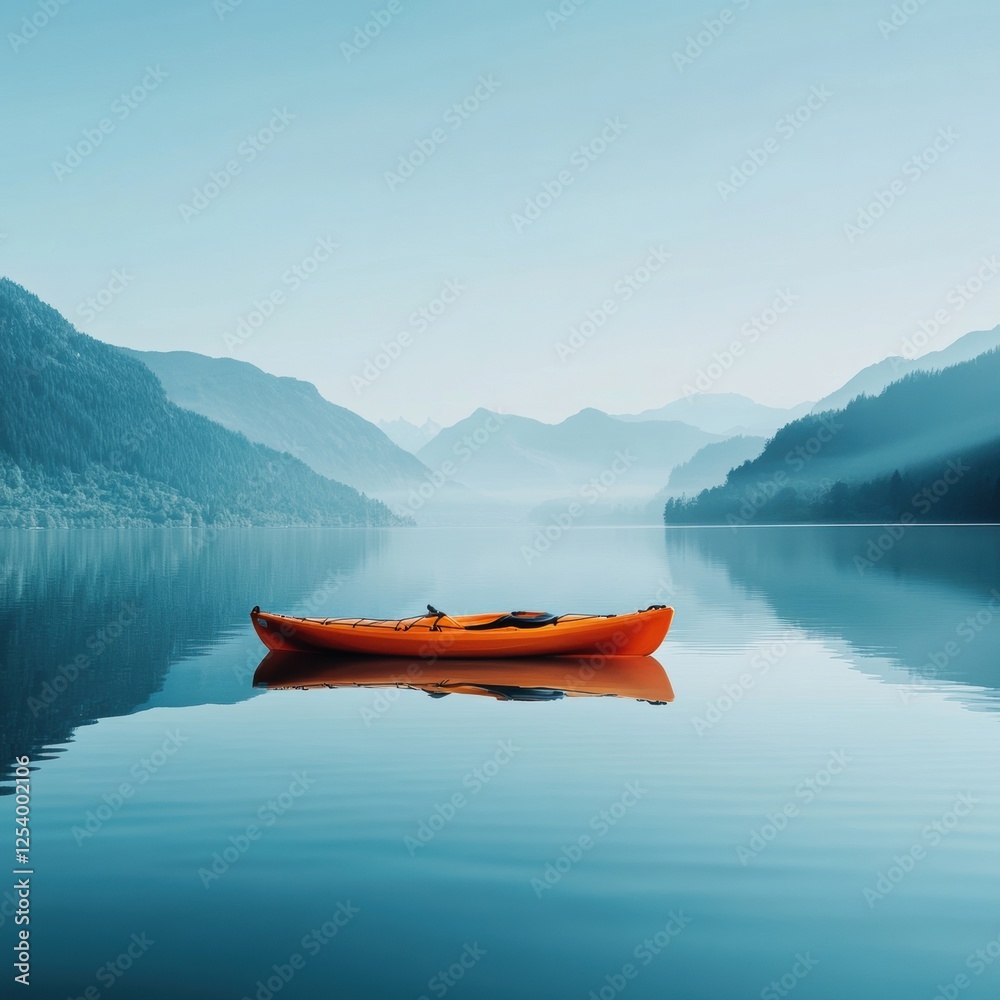 Poster calm mountain lake with a singular kayak floating under a clear blue sky and distant towering peaks 