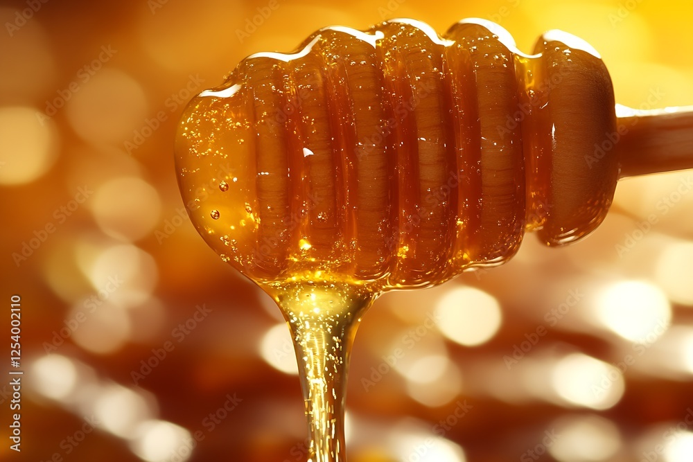 Poster close up view of golden honey dripping from a honeycomb dipper with soft bokeh background : generati