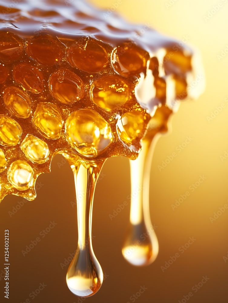 Poster close-up shot of golden honey dripping from a honeycomb against a blurred background of warmth : gen