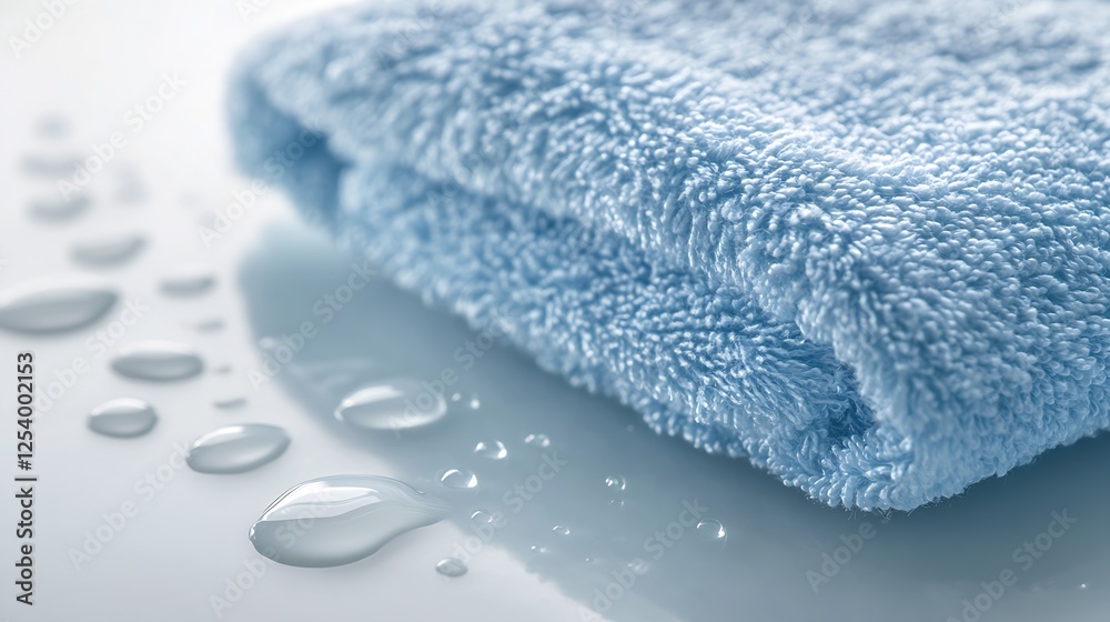 Poster a soft blue towel with water droplets on a reflective surface creating a serene bathroom ambiance : 