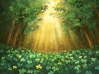 Fototapeta premium Magical shamrock forest with golden light rays for St. Patrick�s Day