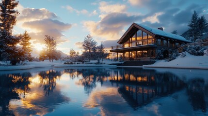 Fototapeta premium Winter refuge serenity a cozy lodge by a frozen lake at sunset captured in tranquil nature reflection
