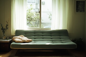 A sunlit room with a green couch near a window with flowing curtains, casting gentle shadows, complemented by a soft pillow enhancing comfort and coziness.