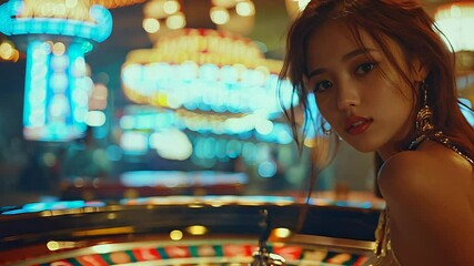 4k video of an Asian woman next to a roulette in casino.