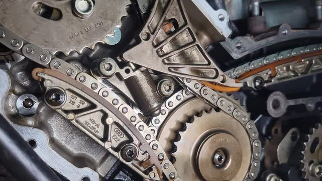 Broken timing chain on a diesel V-shaped engine. Shows the break points and damaged parts on the disassembled engine in the automotive service