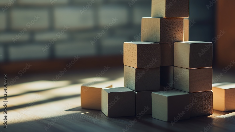 Aufkleber soothing arrangement of wooden blocks in tranquil light enhancing a playful setting : generative ai