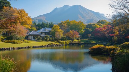 Obraz premium Serene Autumnal Landscape: Mountain Lake House Reflection