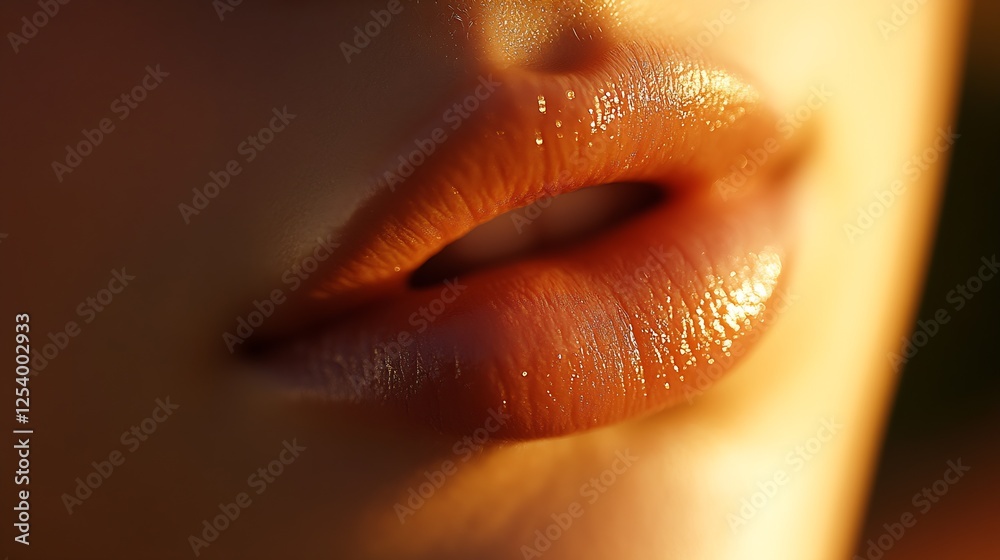 Poster close up of shiny lips with a soft light highlighting beauty and skincare in a natural setting : gen