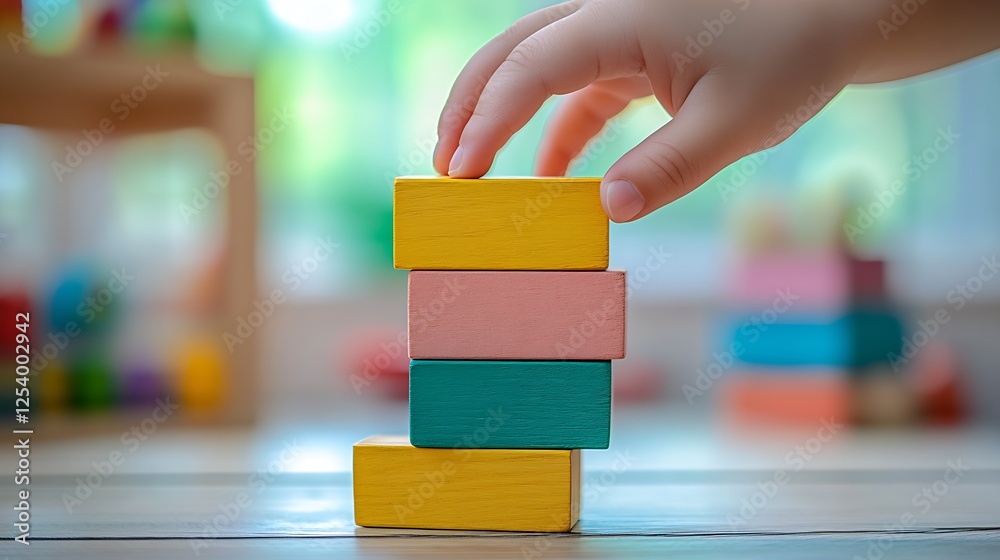 Poster engaging image of a child's hand stacking colorful wooden blocks on a bright playroom floor : genera