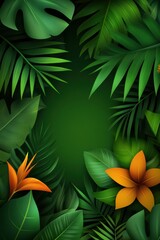 Naklejka premium A vibrant composition of tropical leaves and flowers, ideal for backgrounds in nature-themed designs, botanical projects, or eco-friendly products, Perfect for marketing materials or social media,