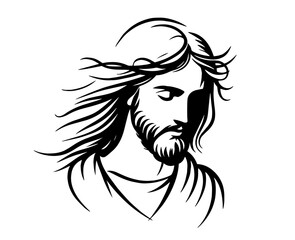 jesus christ head portrait, black and white vector, detailed religious illustration of faith