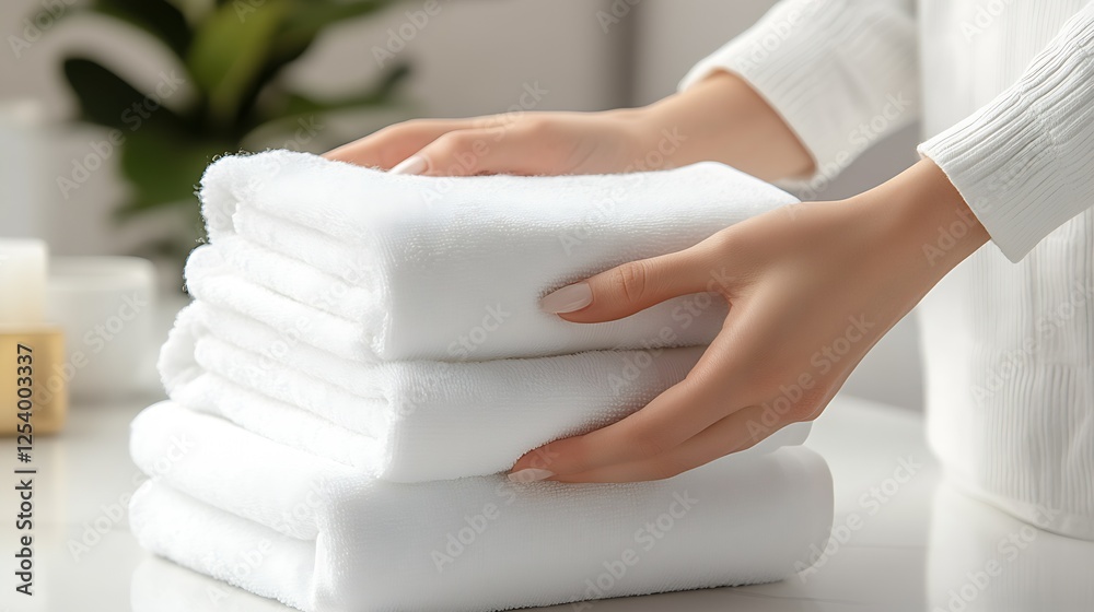 Poster Hands folding neatly stacked white towels on a clean countertop in a bright and tidy home environment : Generative AI
