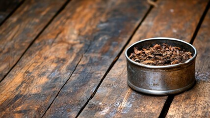 Metal tin filled with tobacco leaves on wooden surface