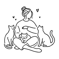 minimalistic line art illustration of woman with cats