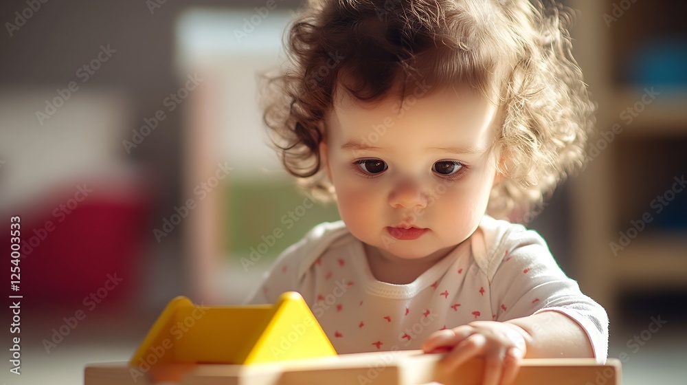 Poster curious toddler exploring colorful wooden toys with focused expression in bright room : generative a