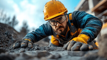 Construction worker engaging in ground level tasks at a construction site under a clear sky 