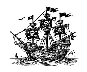 hand-drawn black and white vector of pirate ship with sails and skull flags, sailing at sea