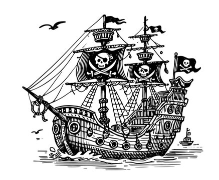detailed black and white vector of pirate ship with skull flags sailing at sea