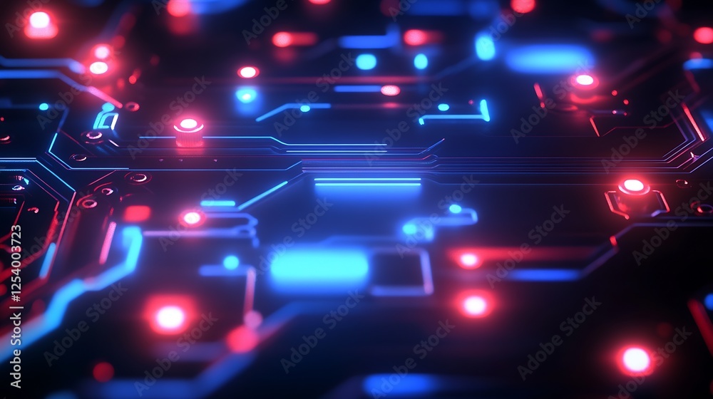 Poster futuristic close-up view of glowing circuitry with vibrant blue and red lights : generative ai