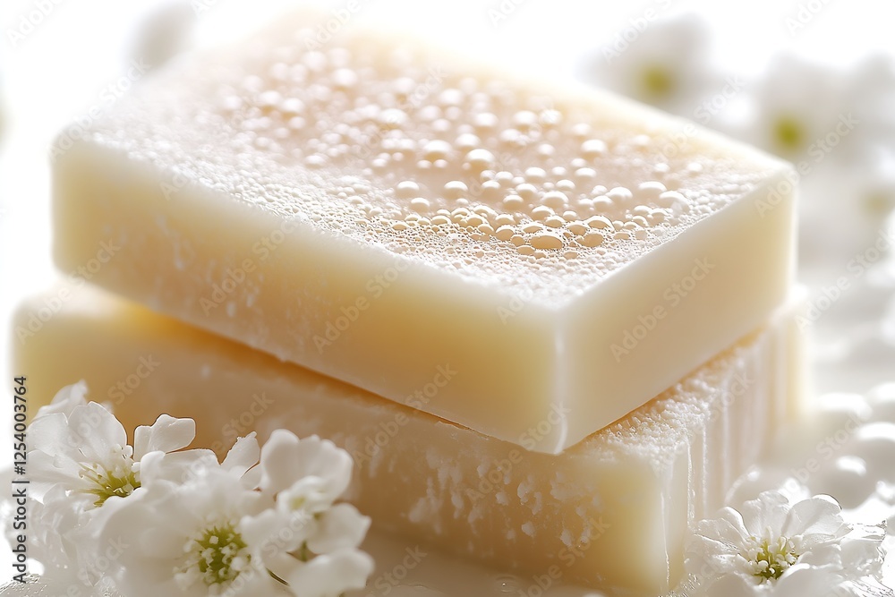 Poster Elegant handmade soap bars with bubbles surrounded by delicate white flowers on a soft illuminated surface : Generative AI