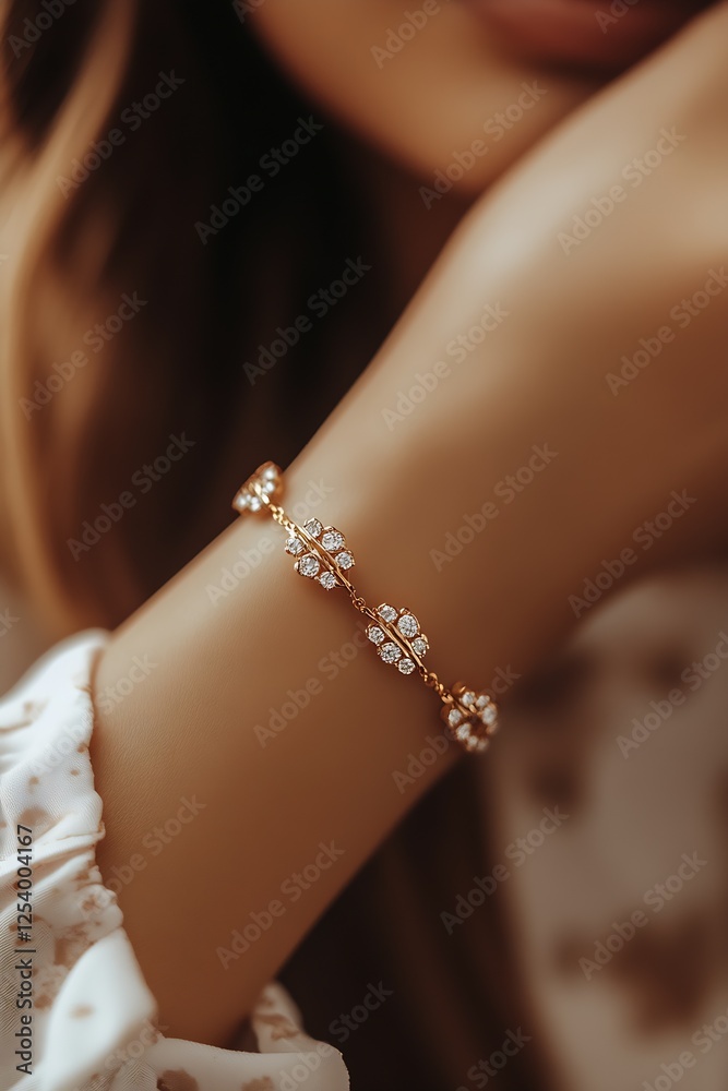 Poster beautiful close-up of a woman's hand adorned with a sparkling diamond bracelet in soft light : gener
