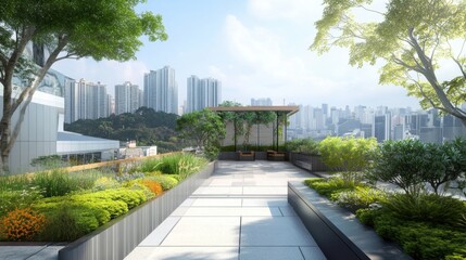 An artistic perspective of a landscape architect conceptualizing a sustainable rooftop garden in an urban setting, Rooftop garden design scene, Urban oasis style