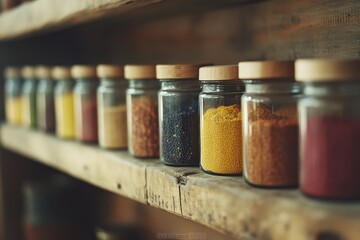 Vibrant spices in glass jars are neatly aligned on rustic wooden shelves, evoking a sense of culinary tradition and homely warmth.