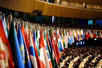 Close-Up of International Flags at Global Conference with Delegates in Background