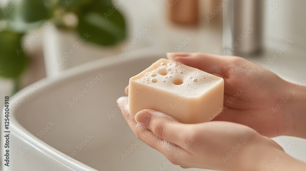 Poster natural handcrafted soap in a person's hands with bubbles and soft foam : generative ai