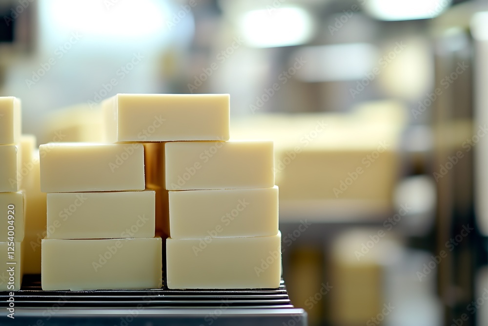 Poster Stacked bars of creamy white soap arranged neatly in a modern production environment highlighting craftsmanship : Generative AI