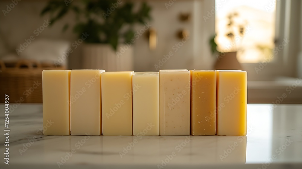 Poster Neatly arranged variety of colored soap bars on a marble counter creating a fresh and clean ambiance : Generative AI