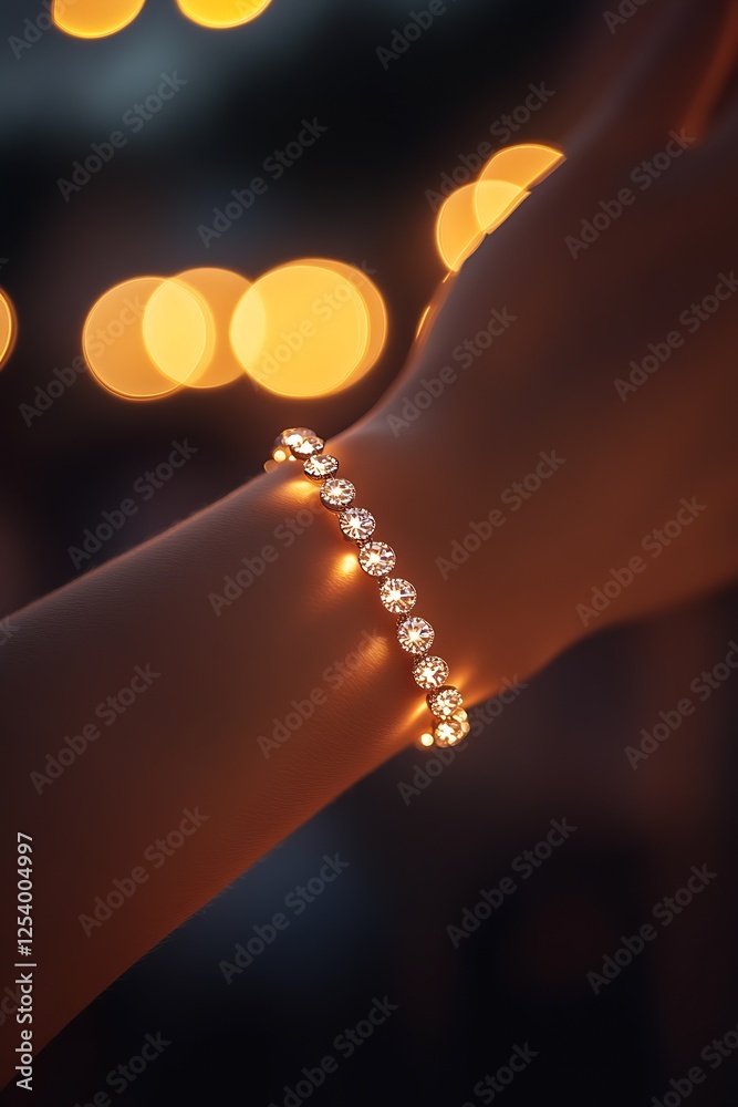 Aufkleber Elegant close-up of a sparkling diamond bracelet against a bokeh backdrop : Generative AI