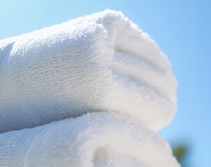 Freshly stacked white towels against a bright blue sky during a sunny day : Generative AI