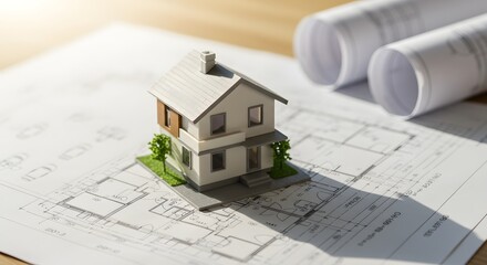 3d small house model on architecture plan, real state concept, banner, copy space