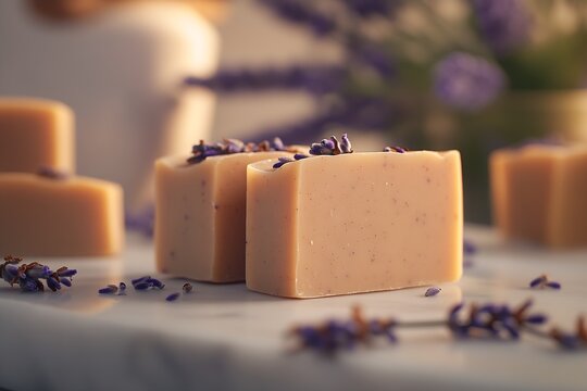 Beautiful lavender soap bars on a marble surface with lavender flowers in soft natural light : Generative AI