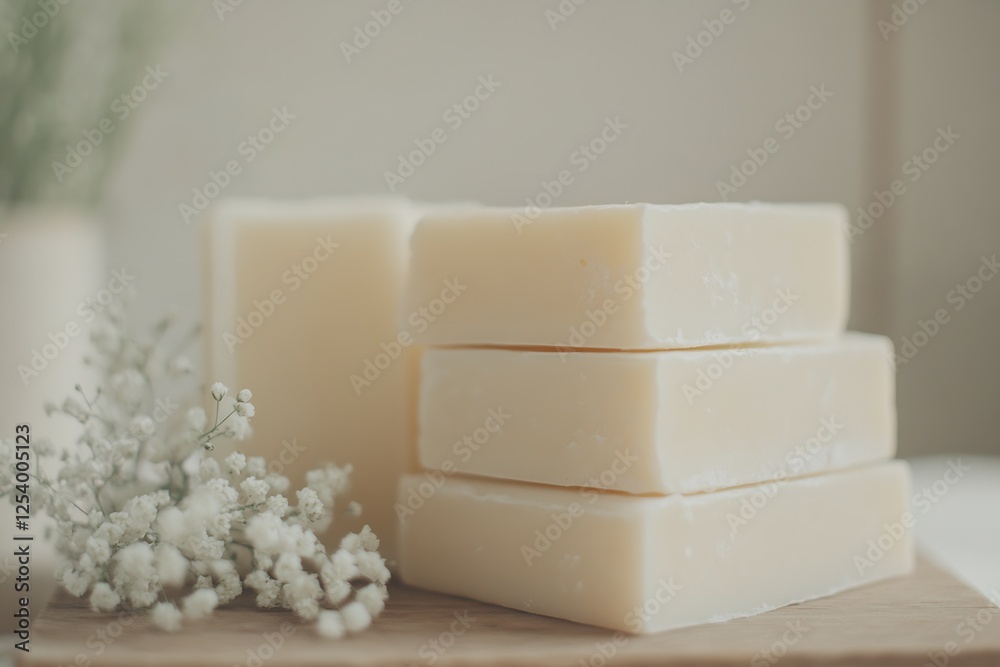 Poster stack of natural handmade soap bars surrounded by delicate flowers on a wooden surface for an aesthe