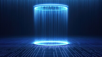 A glowing blue cylindrical structure surrounded by vertical light beams in a digital environment.