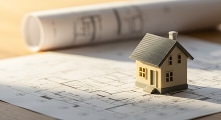 3d small house model on architecture plan, real state concept, banner, copy space