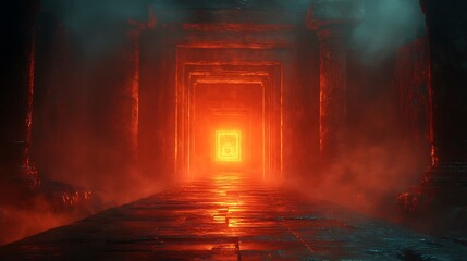 Shadowy passageway with glowing glyphs illuminating the entrance to the unknown