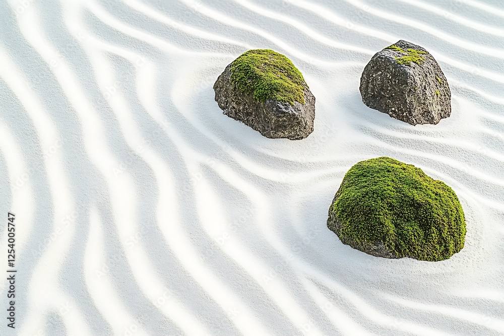 Poster calming view of zen garden showcasing mossy rocks arranged in wavy patterns of soft white sand : gen