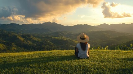 Fototapeta premium Woman Contemplating Scenic Mountain View at Sunset