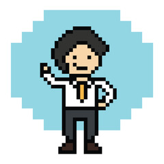 Obraz premium Cartoon cute pixel cartoon 8bit character business man businessman smart work game for decoration business 8 bit male career smart character game 8bit png vector.