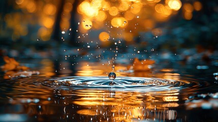 Obraz premium Nighttime Water Droplet Reflection: A Serene Macro Photograph of a Single Droplet Falling into a Puddle with Warm Bokeh Lights in the Background
