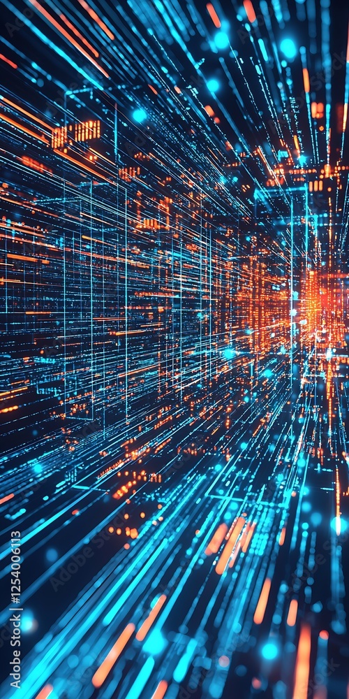Poster Vibrant interconnected lines in blue and orange forming an abstract technological backdrop : Generative AI
