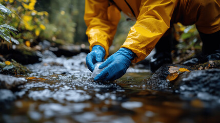Person wearing yellow rain gear collects water sample from stream in a forested area during autumn