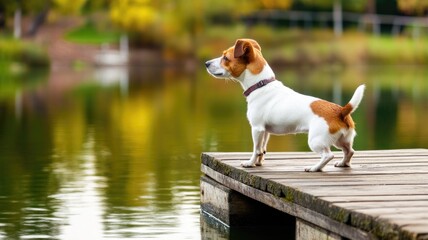 Dog stands on wooden dock by lake in scenic, autumn landscape