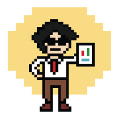 Obraz premium Cartoon cute pixel cartoon 8bit character business man businessman smart work game for decoration business 8 bit male career smart character game 8bit png vector.